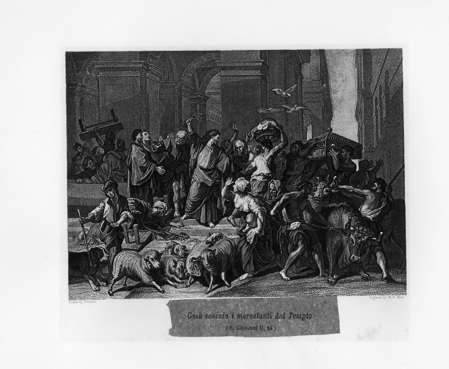 Gesu' scaccia i mercanti dal Tempio (stampa smarginata) di Mote W. H, Jouvenet Jean Baptiste - ambito inglese (metà sec. XIX)