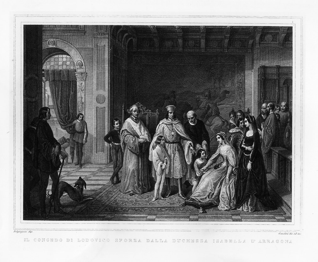 Il congedo di Lodovico Sforza dalla dichessa Isabella d'Ara-gona (stampa smarginata) di Gandini Domenico, Belgioioso Carlo (seconda metà sec. XIX)