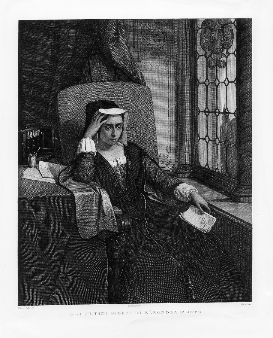 Eleonora d'Este nello studio (stampa smarginata) di Barni Giuseppe, Sala Eliseo, Trezzini Angelo (seconda metà sec. XIX)