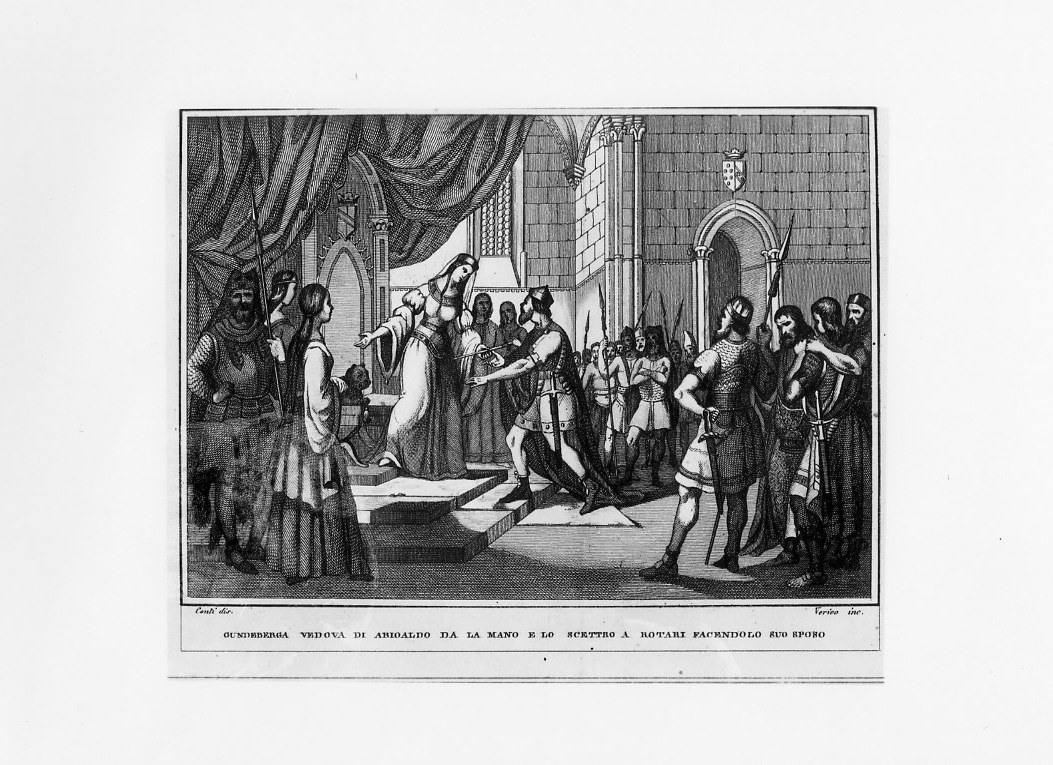 Gundeberga, vedova di Abioaldo, sposa Rotari (stampa) di Verico Antonio, Conti Giacomo (metà sec. XIX)