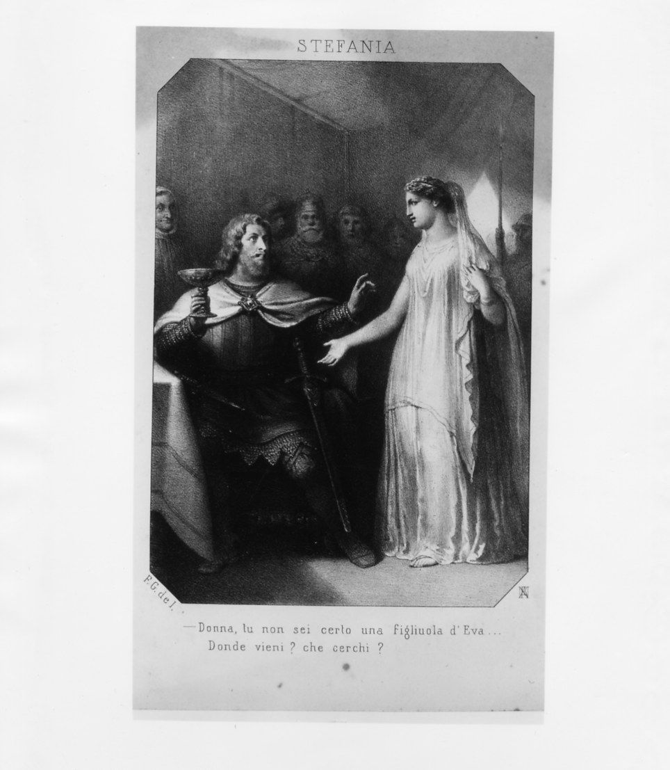 Una donna si presenta ad un sovrano che brinda (stampa smarginata) di Monogrammista AN, Monogrammista FG (seconda metà sec. XIX)