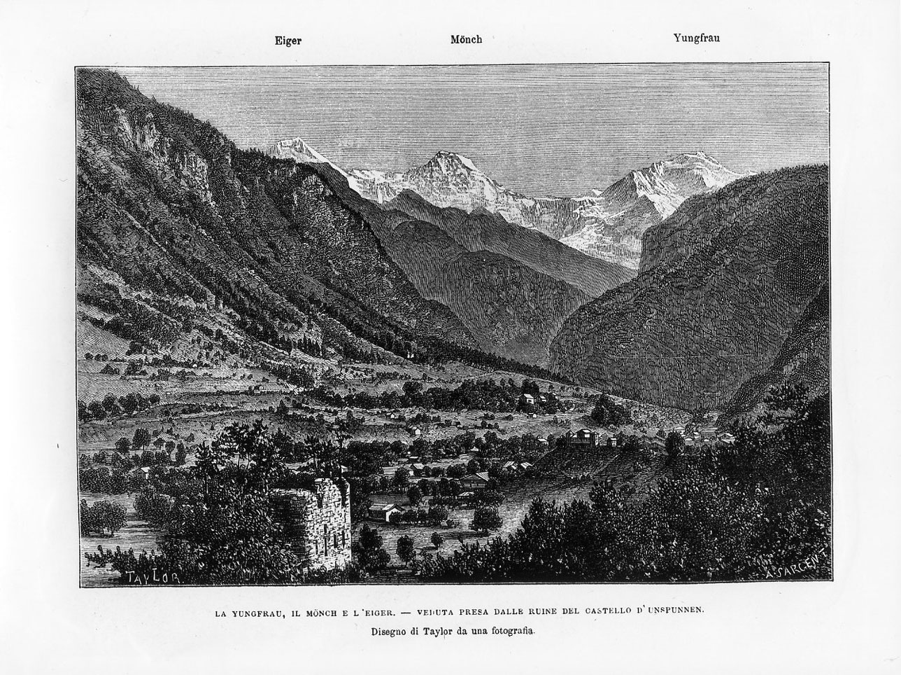 Veduta dei monti Jungfrau, Monch e Eiger dal castello diUnspunnen (stampa) di Sargent Alfred, Taylor Thomas (ultimo quarto sec. XIX)
