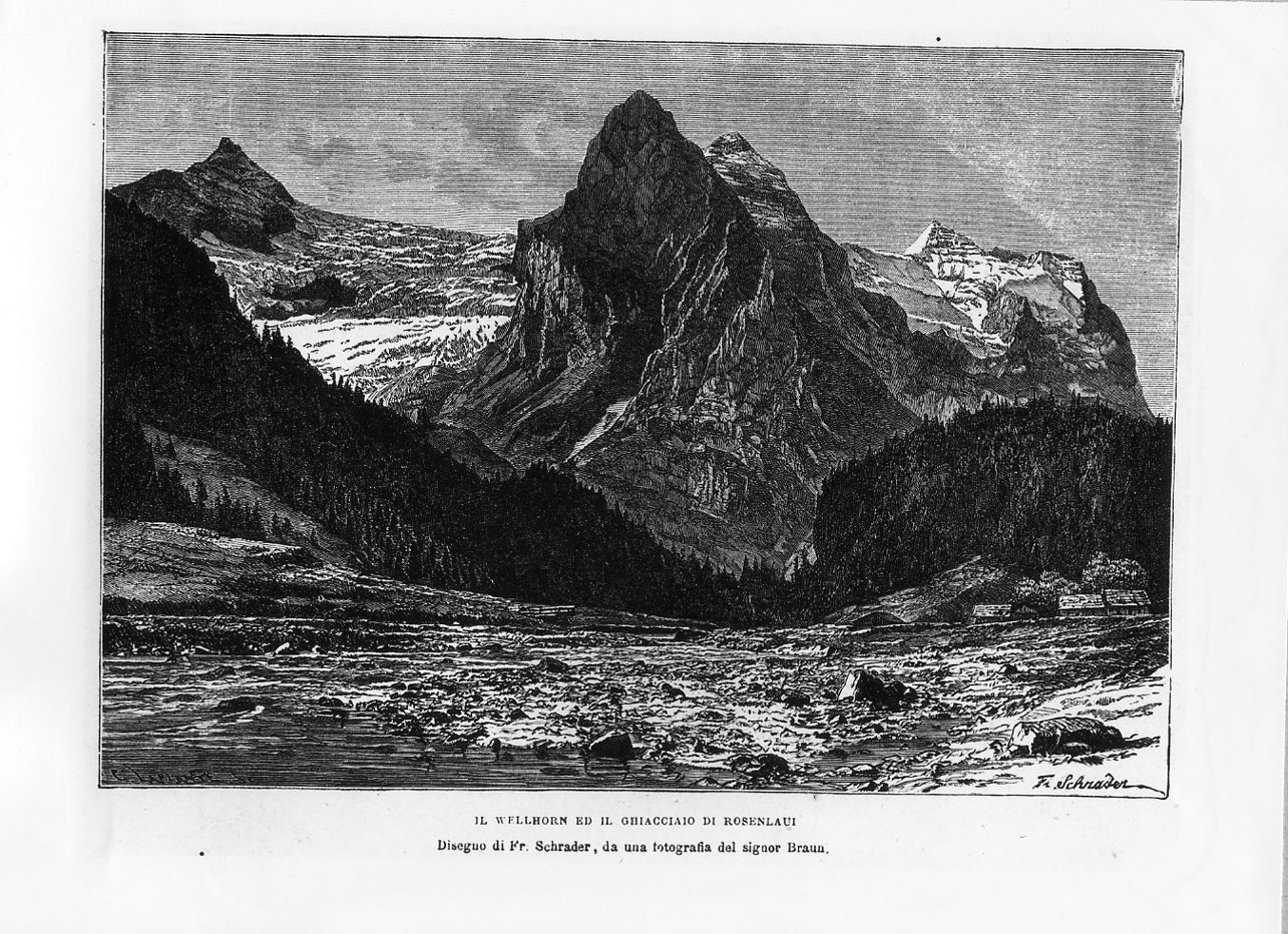 Veduta del Wellhorn e del ghiacciaio di Rosenlaui (stampa) di Laplante Charles, Schrader Julius Friederich Anton (ultimo quarto sec. XIX)