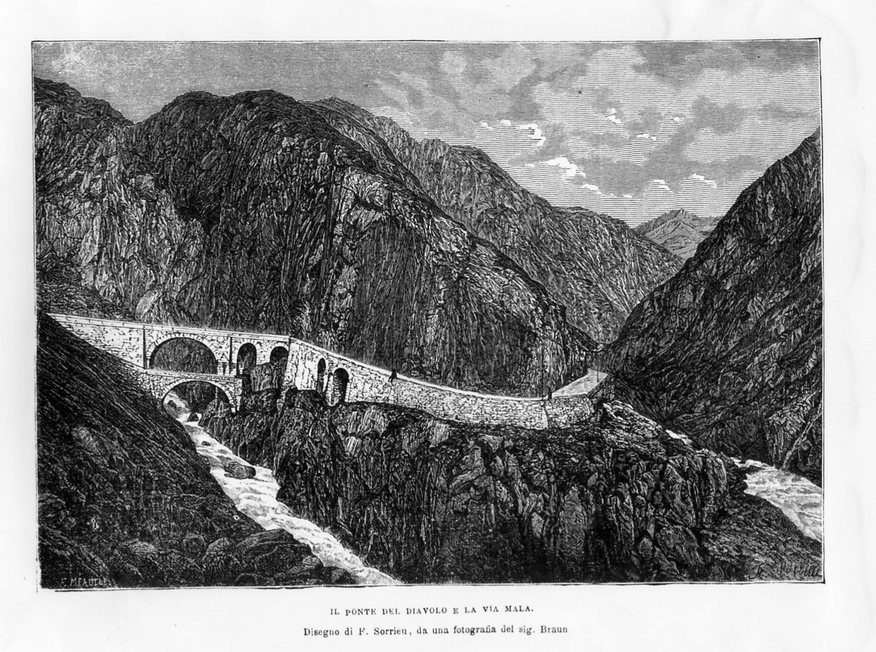 Veduta del ponte del Diavolo e della via Mala (stampa) di Meaulle Fortunè Louis, Sorrieu Frédéric (ultimo quarto sec. XIX)
