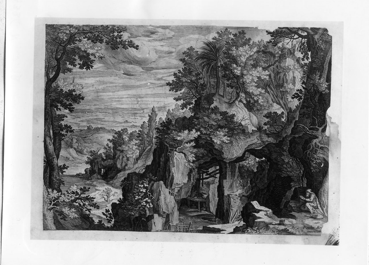 Paesaggio montagnoso con san Paolo Eremita (stampa smarginata) di Sadeler Egidius II, Bril Paul (secc. XVI/ XVII)