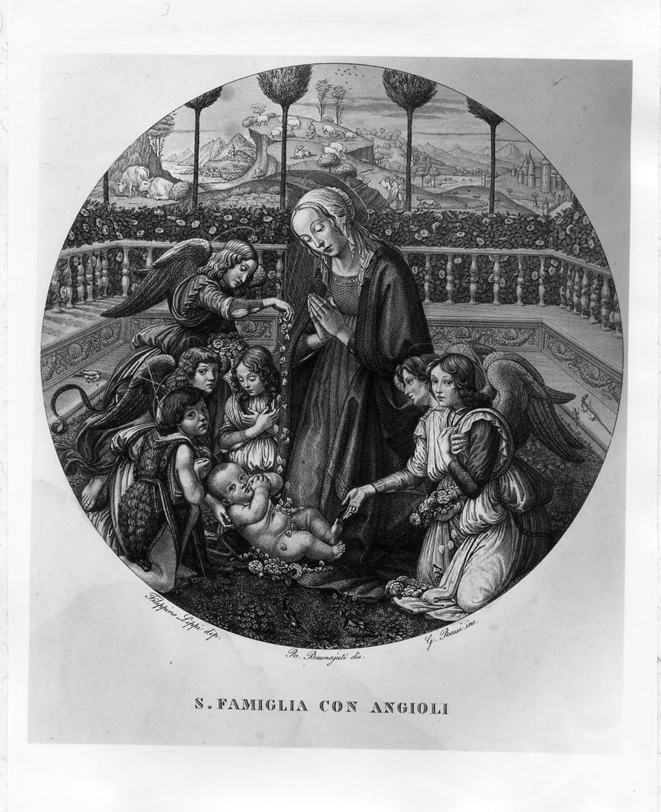 La Madonna adora il Bambino con san Giovannino e angeli (stampa smarginata) di Rossi Giuseppe, Lippi Filippino, Bonajuti R (sec. XIX)