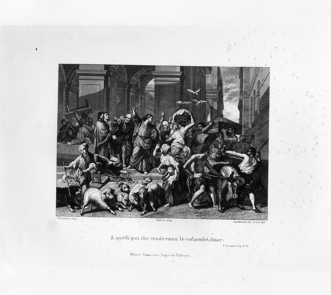 Gesu' scaccia i mercanti dal Tempio (stampa smarginata) di Santamaria Carlo, Jouvenet Jean Baptiste (sec. XIX)