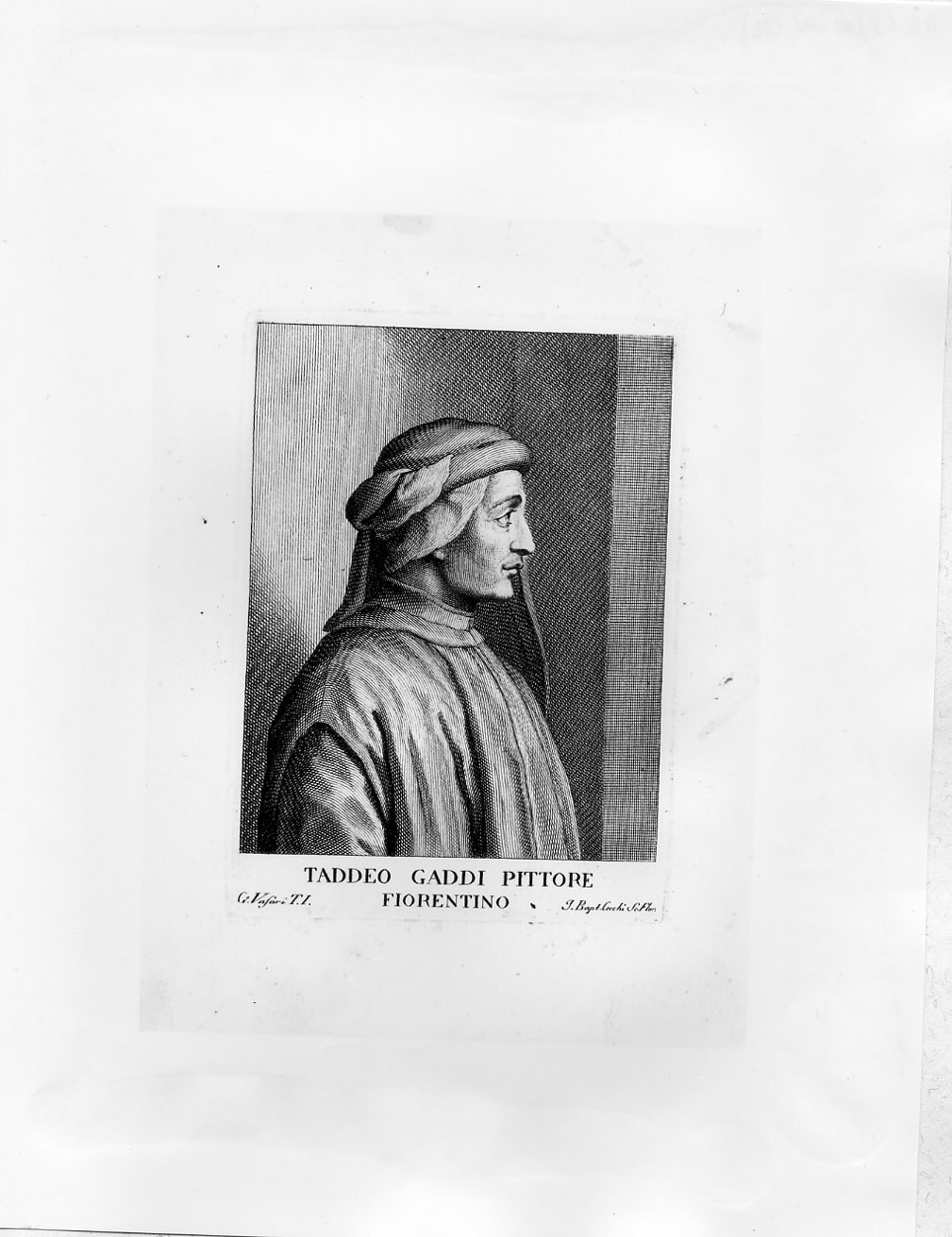 Ritratto del pittore Taddeo Gaddi (stampa) di Cecchi Giovanni Battista, Vasari Giorgio (sec. XVIII)