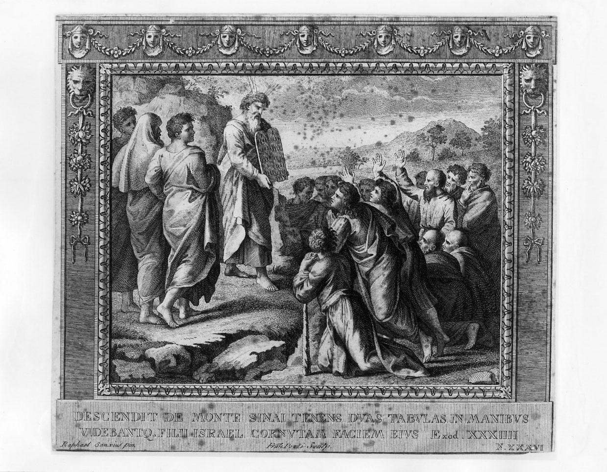 Mose' presenta le tavole della Legge al popolo d'Israele (stampa smarginata) di Pozzi Francesco, Sanzio Raffaello (sec. XVIII)