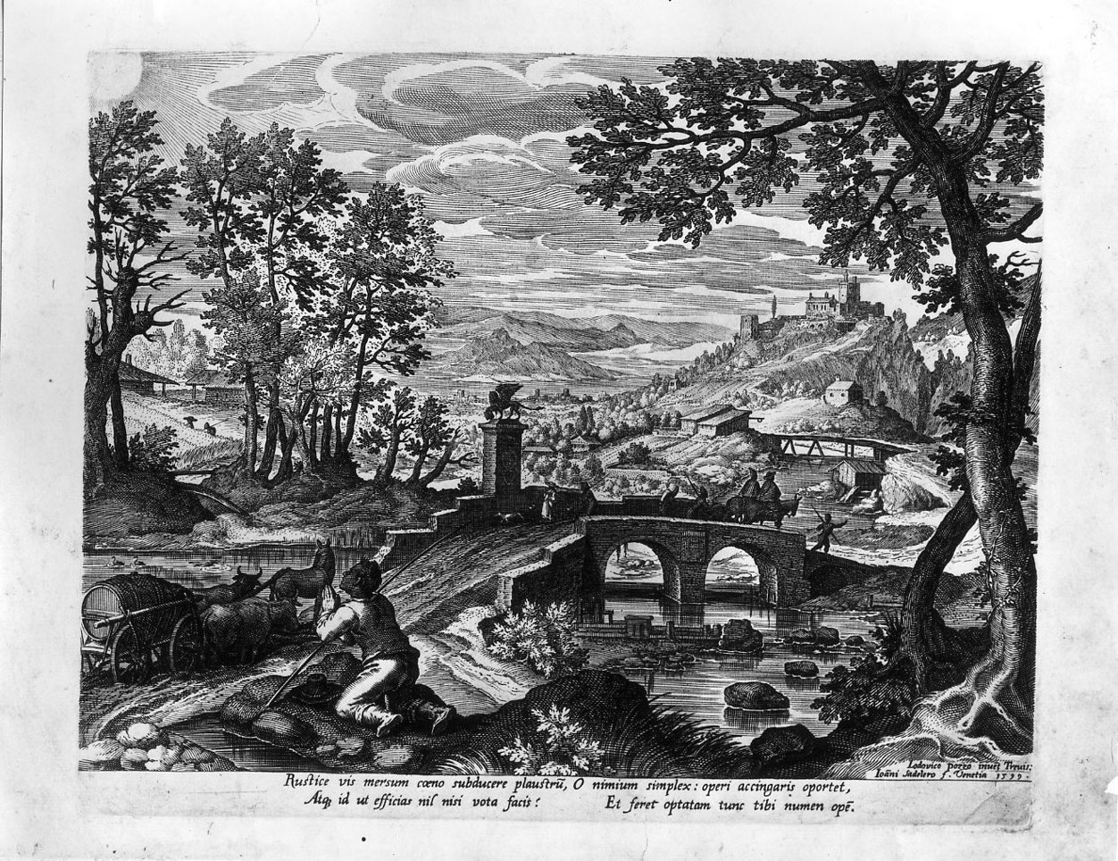 Paesaggio fluviale con una scena da Esopo (stampa) di Sadeler Johann II, Toeput Lodewyk detto Pozzoserrato (sec. XVI)