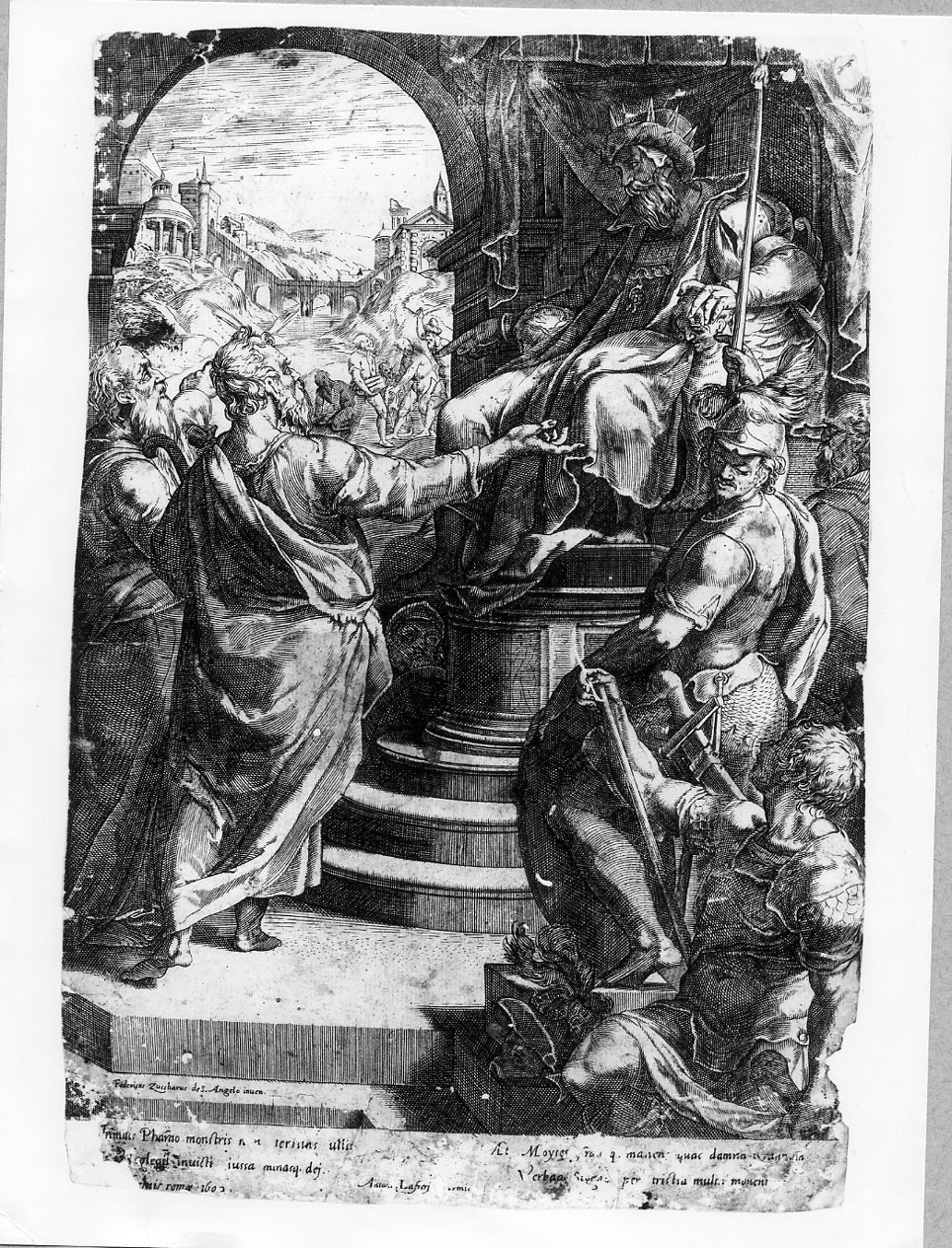 Mose' ed Aronne davanti al Faraone (stampa smarginata) di Cort Cornelis, Zuccari Federico (sec. XVI)