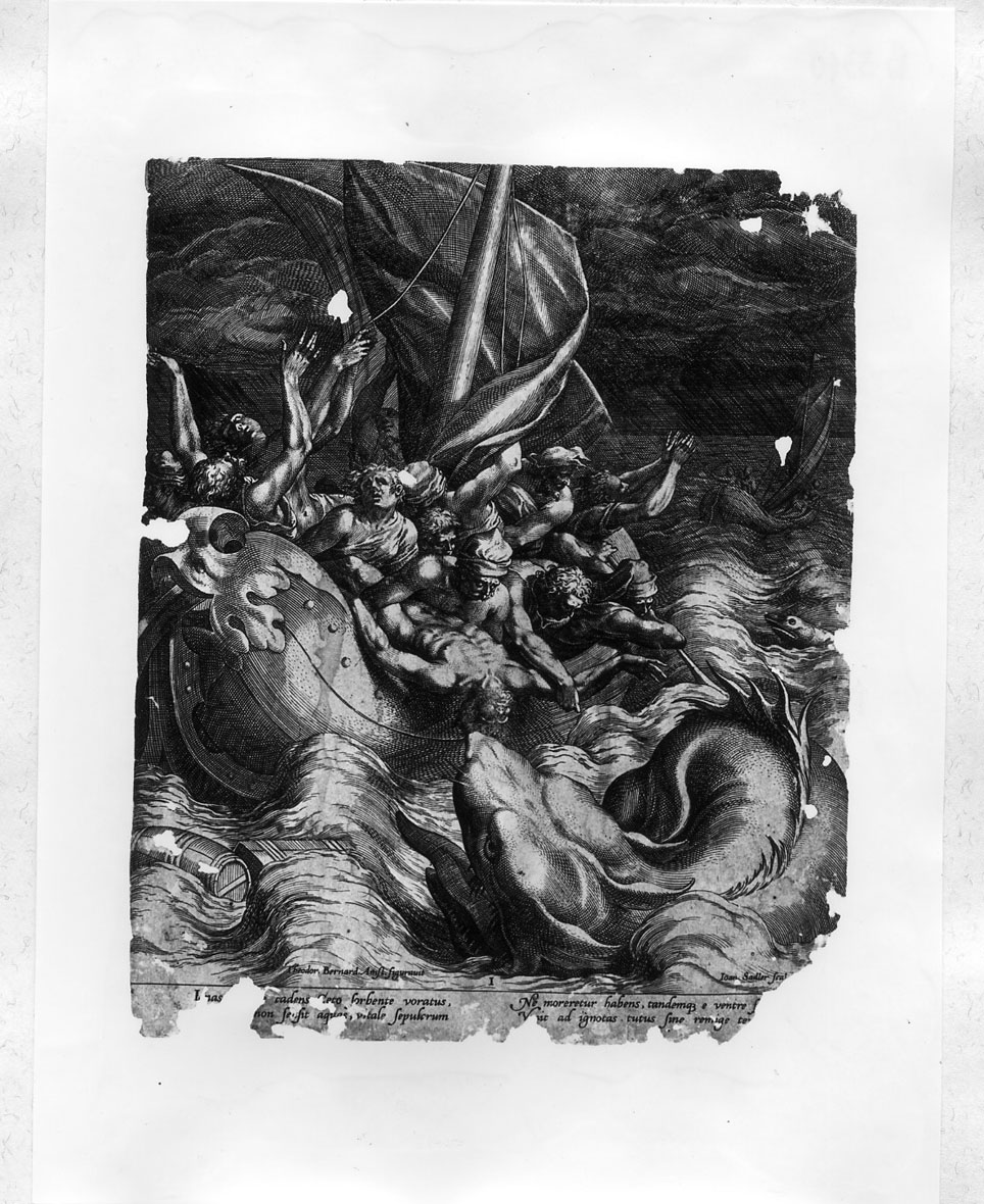 Giona gettato alla balena (stampa smarginata) di Sadeler Johann II, Barendsz Dirck (ultimo quarto sec. XVI)