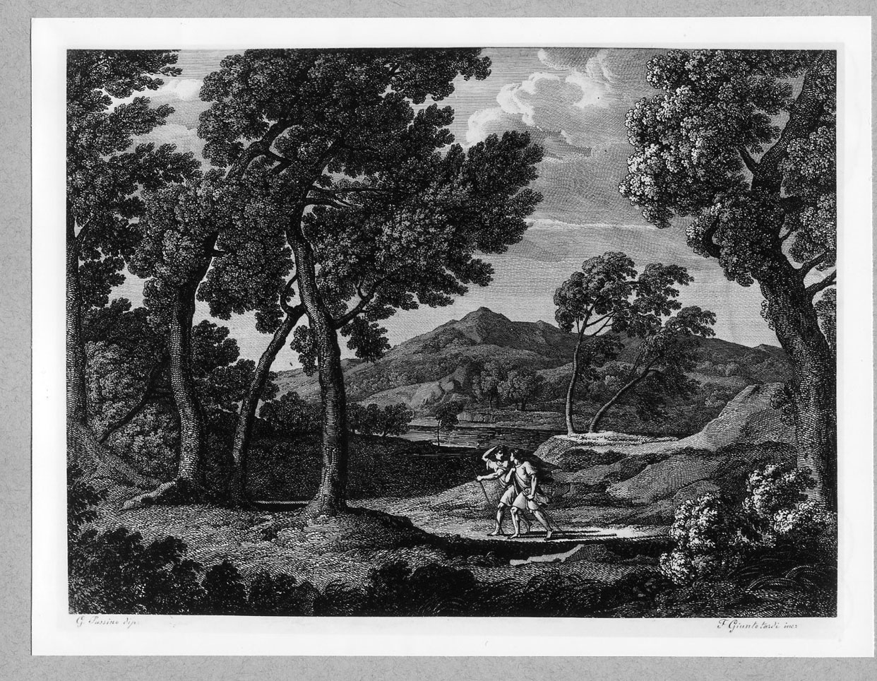 Paesaggio campestre con due viandanti (stampa smarginata) di Giuntotardi Filippo, Poussin Nicolas (inizio sec. XIX)