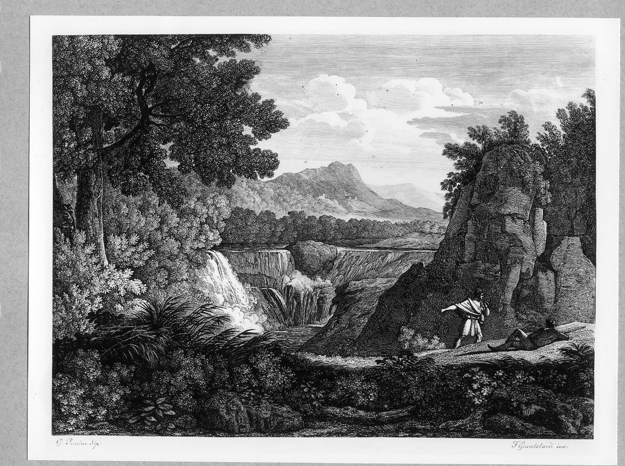 Paesaggio con cascate e figure (stampa smarginata) di Giuntotardi Filippo, Dughet Gaspard detto Pussino (inizio sec. XIX)