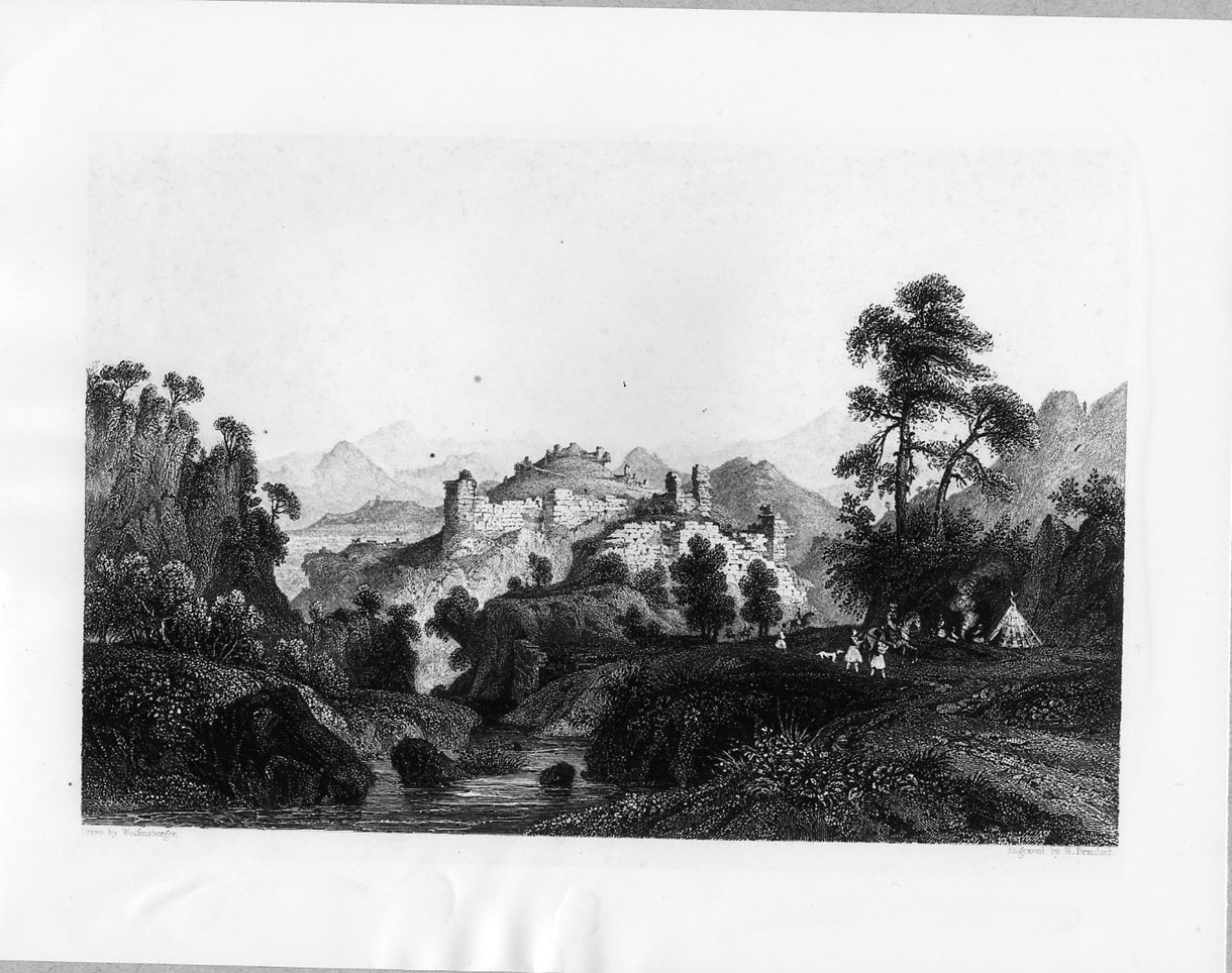 Paesaggio montano con rovine e soldati turchi (stampa smarginata) di Brandard Robert, Wolfensberger Johann Jakob (sec. XIX)