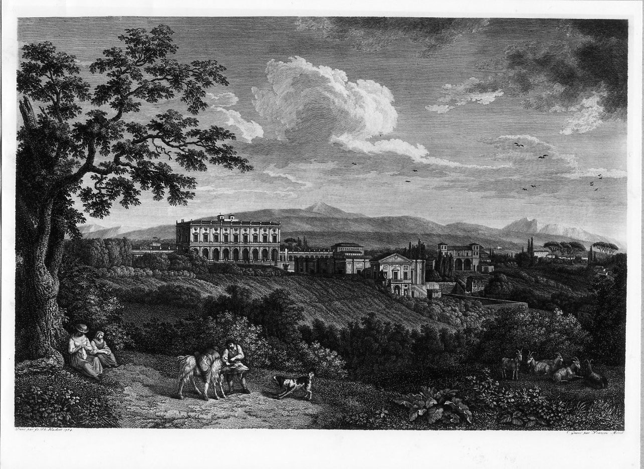 Veduta della villa Albani a Roma (stampa) di Morel François, Hackert Philipp (sec. XVIII)