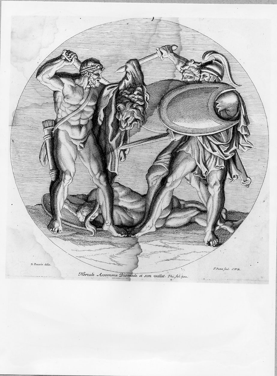 Ercole uccide Diomede e il suo servo (stampa smarginata) di Pesne Jean, Poussin Nicolas (sec. XVII)