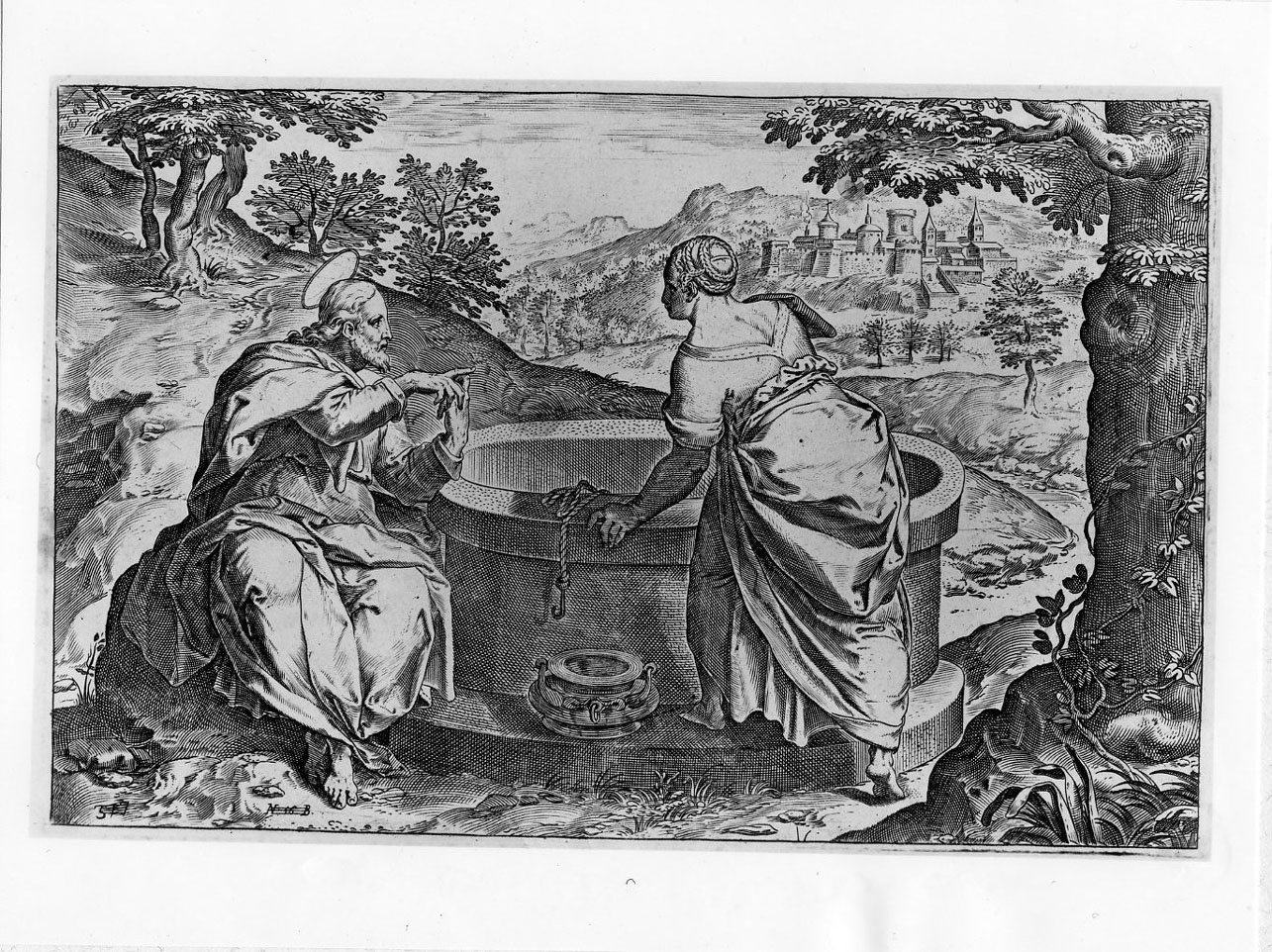 Cristo e la Samaritana (stampa smarginata) di Carracci Agostino (sec. XVI)
