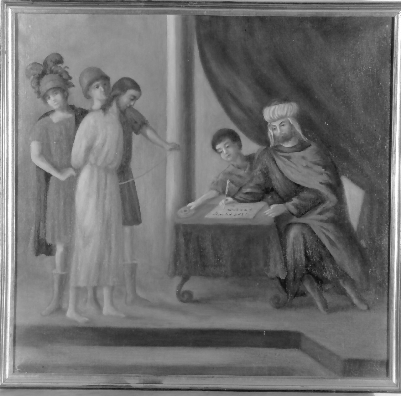 stazione I: Gesù condannato a morte (dipinto, elemento d'insieme) di Basile Domenico, Cortese A (sec. XIX)