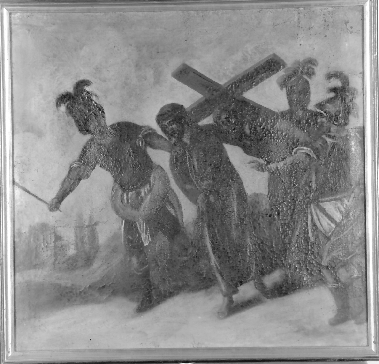 stazione V: Gesù aiutato da Simone il Cireneo a portare la croce (dipinto, elemento d'insieme) di Basile Domenico, Cortese A (sec. XIX)
