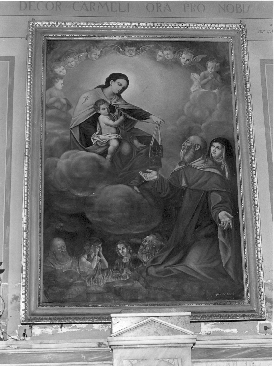 Madonna del Carmelo offre lo scapolare a due Santi carmelitani (dipinto, opera isolata) - ambito Italia meridionale (fine/inizio secc. XVIII/ XIX)