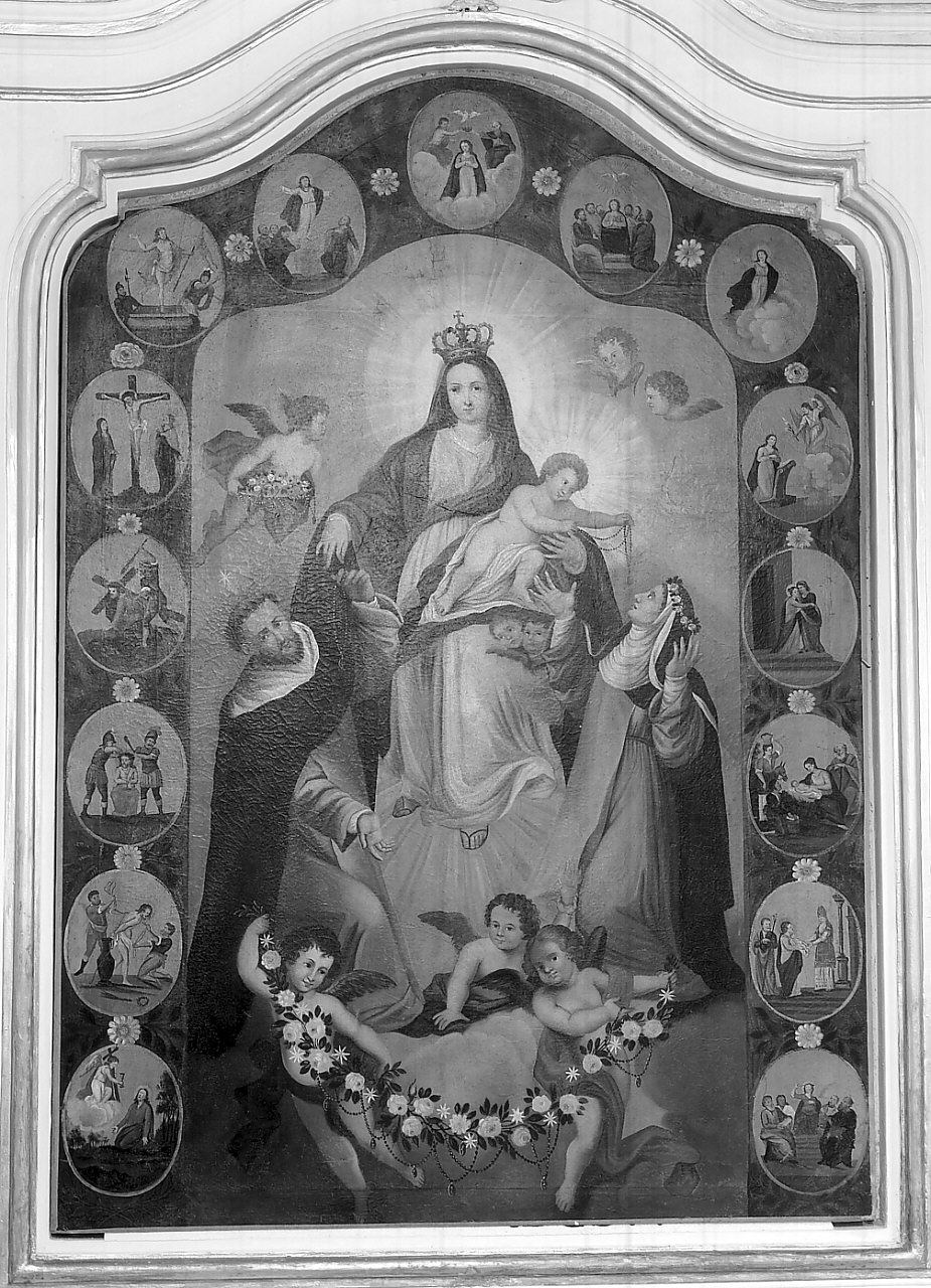 Madonna del Rosario, Madonna del Rosario con Santi domenicani e misteri del rosario (dipinto, opera isolata) di Colloca Stefano (attribuito) (sec. XIX)