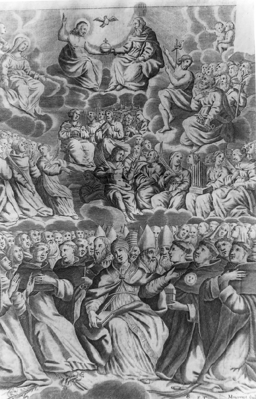 Trinità con la Madonna e Santi (stampa, opera isolata) di Moncornet Thomas Balthazar (sec. XVIII)