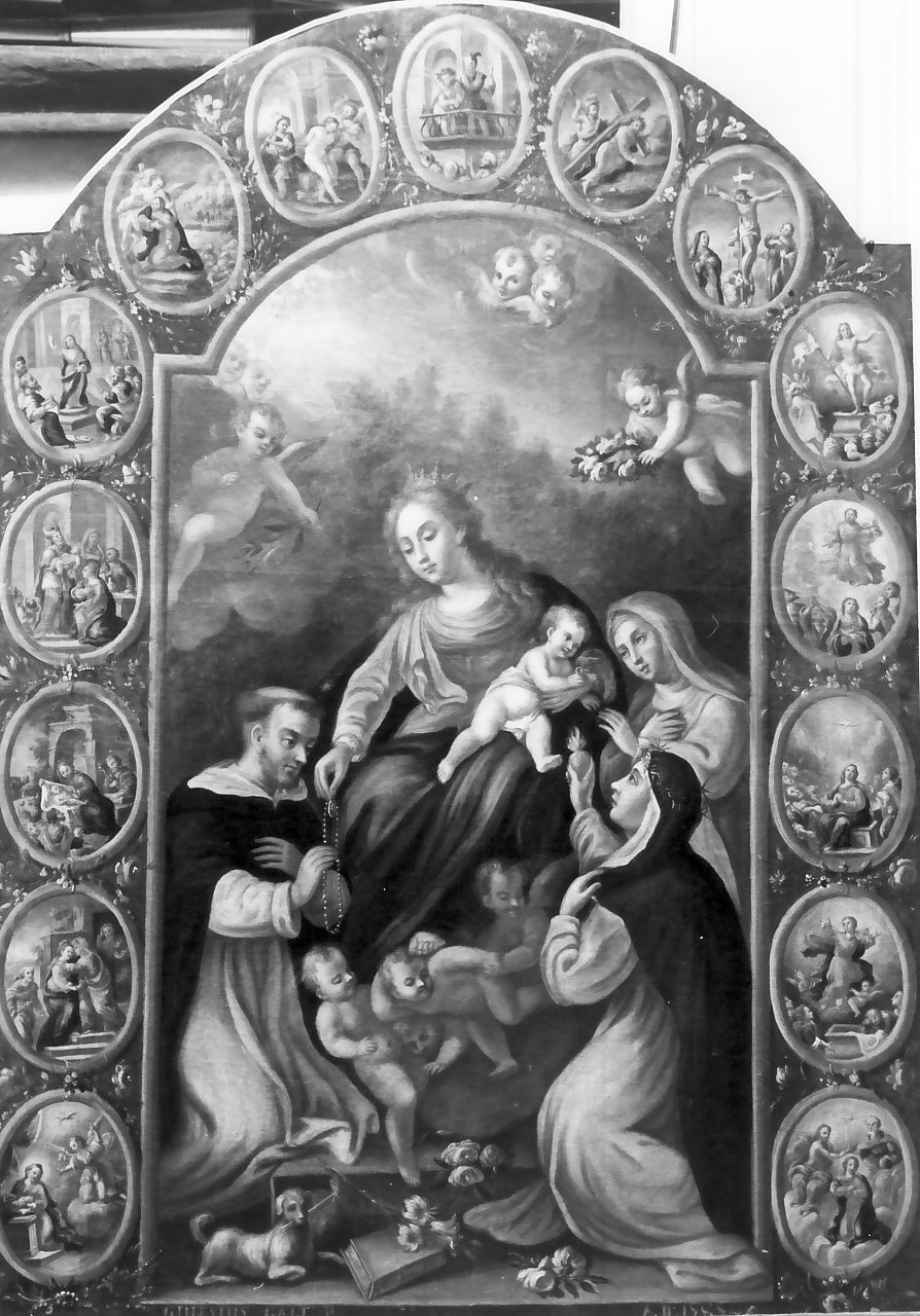 Madonna del Rosario con Santi domenicani e misteri del rosario (dipinto, opera isolata) di Gualtieri Genesio (sec. XVIII)