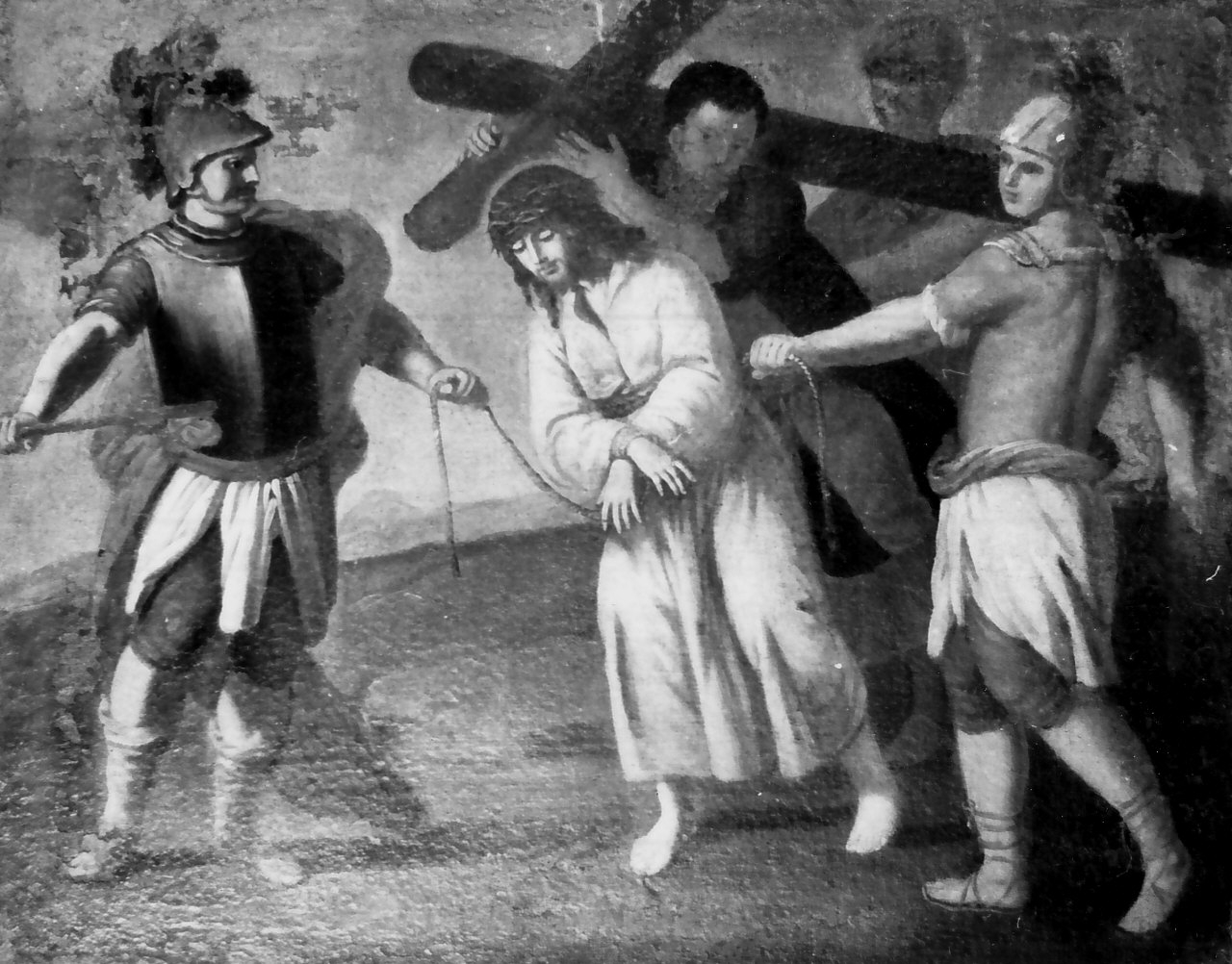 stazione V: Gesù aiutato da Simone il Cireneo a portare la croce (dipinto) di Santanna Cristoforo (sec. XVIII)