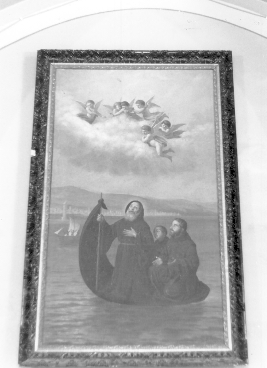 San Francesco di Paola attraversa lo stretto di Messina sul suo mantello (dipinto, opera isolata) - ambito Italia meridionale (inizio sec. XX)