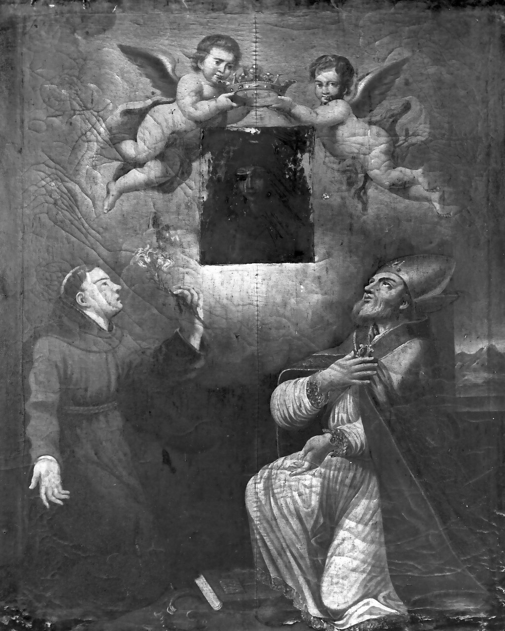 Sant'Antonio da Padova e un santo vescovo in adorazione dell'icona della Vergine, Sant'Antonio da Padova (dipinto, opera isolata) - bottega Italia meridionale (sec. XVII)