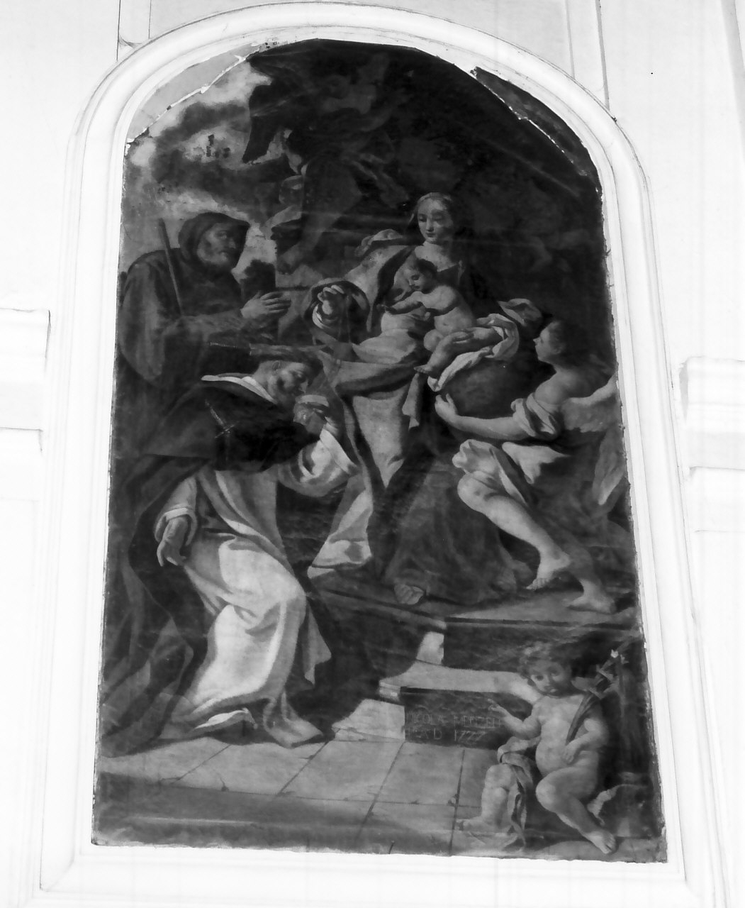 Madonna con Bambino e San Francesco di Paola e San Pietro da Verona (dipinto, opera isolata) di Menzele Nicola (sec. XVIII)