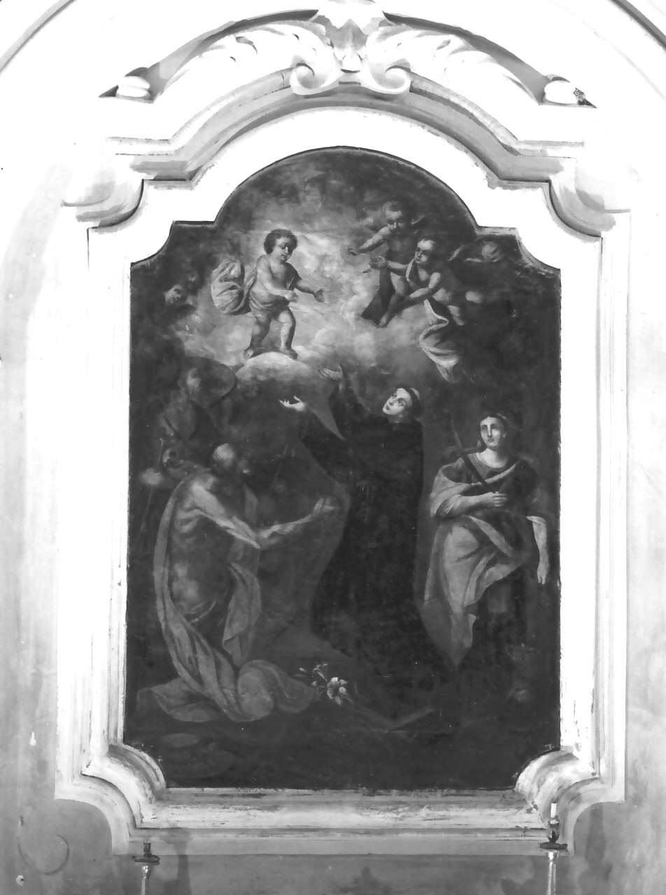 Sant'Antonio da Padova accoglie Gesù Bambino con San Girolamo e Santa Domenica (dipinto, opera isolata) - ambito Italia meridionale (sec. XVIII)