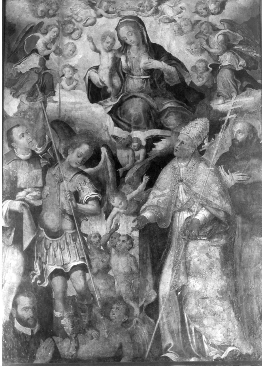 Madonna con Bambino tra Santo Stefano, San Michele Arcangelo, San Gregorio Magno e San Francesco d'Assisi (dipinto) - ambito napoletano (fine sec. XVI)
