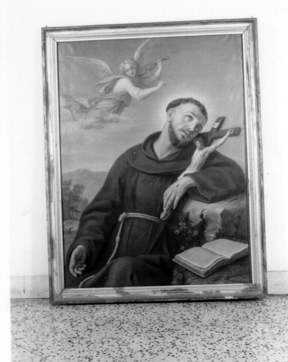 San Francesco d'Assisi abbraccia Cristo crocifisso (dipinto) di Rusch F (prima metà sec. XIX)