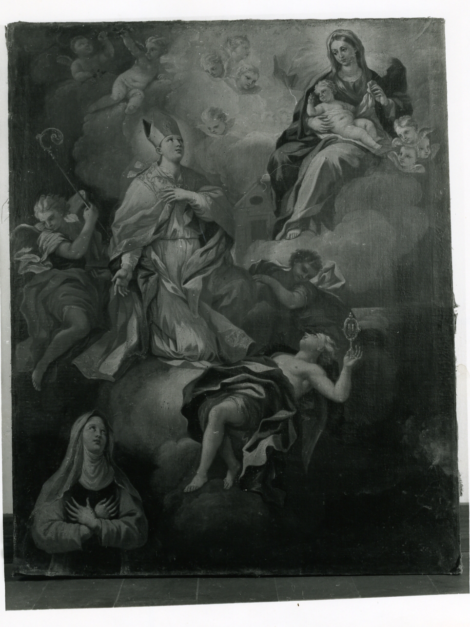 Madonna con Bambino, San Gennaro e Santa Chiara (dipinto) di Vaccaro Domenico Antonio (attribuito) (secondo quarto sec. XVIII)