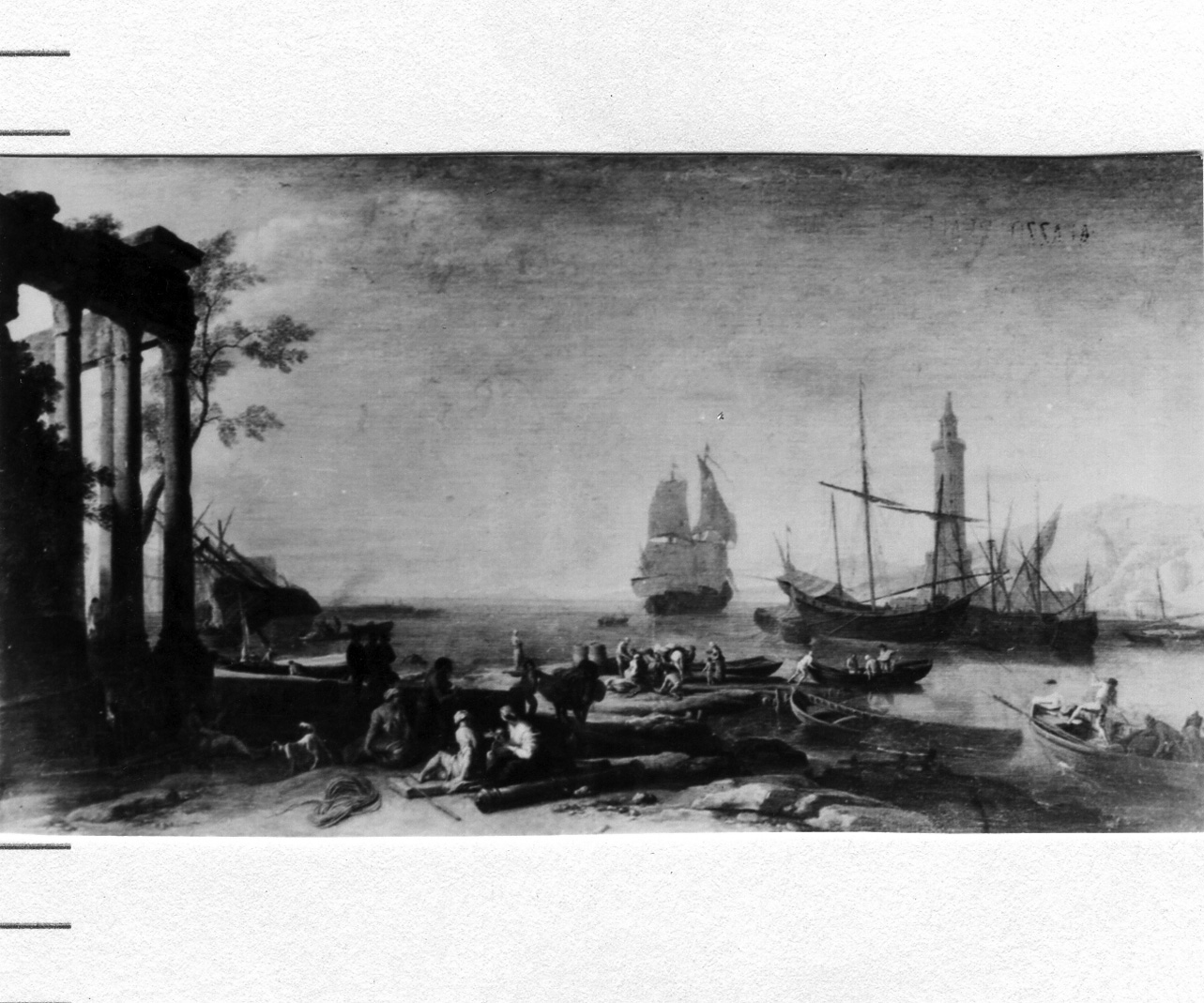 marina con ruderi di tempio, velieri e figure (dipinto) di Manglard Adrien (prima metà sec. XVIII)