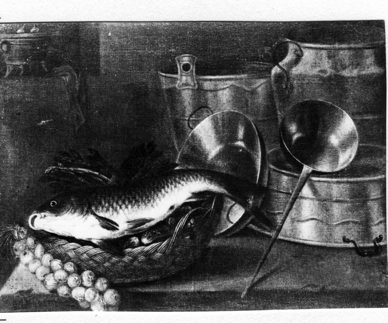 natura morta con pesce e utensili da cucina (dipinto) - ambito napoletano (prima metà sec. XIX)