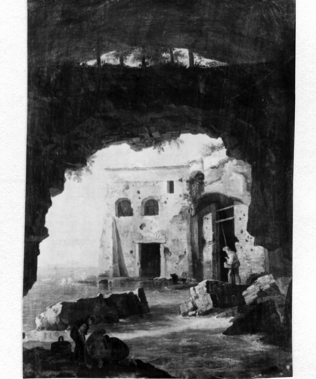 veduta esterna di casa di pescatori con grotta e marina (dipinto) di Fergola Salvatore (prima metà sec. XIX)