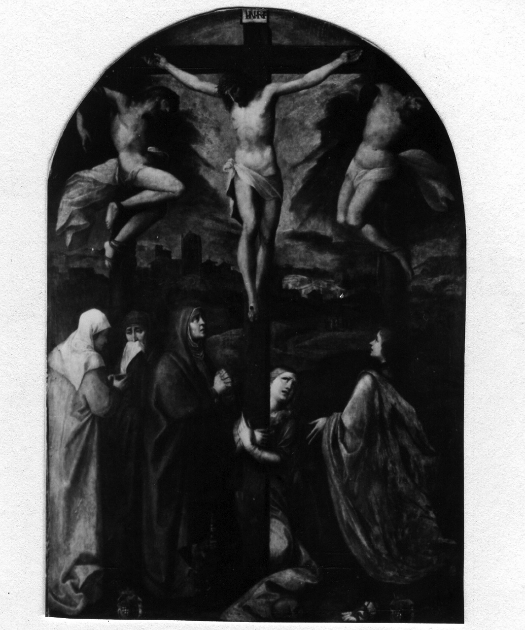 crocifissione di Cristo e dei due ladroni (dipinto) di Curia Francesco (seconda metà sec. XVI)