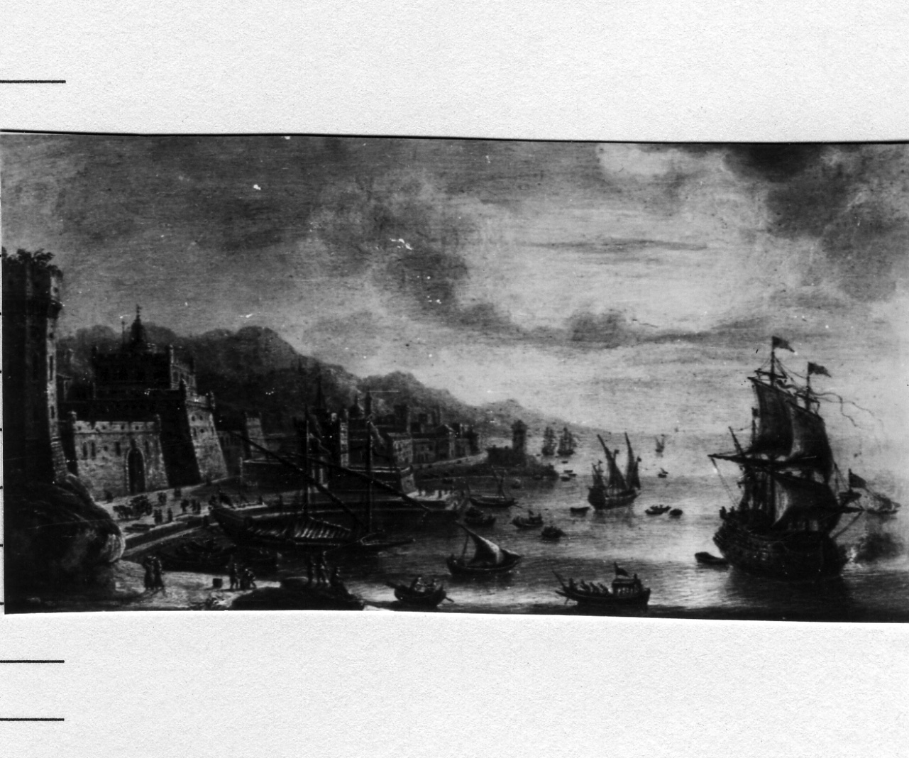 veduta di mare con fortezza e nave inglese (dipinto) di Grevenbroech Jan (prima metà sec. XVIII)