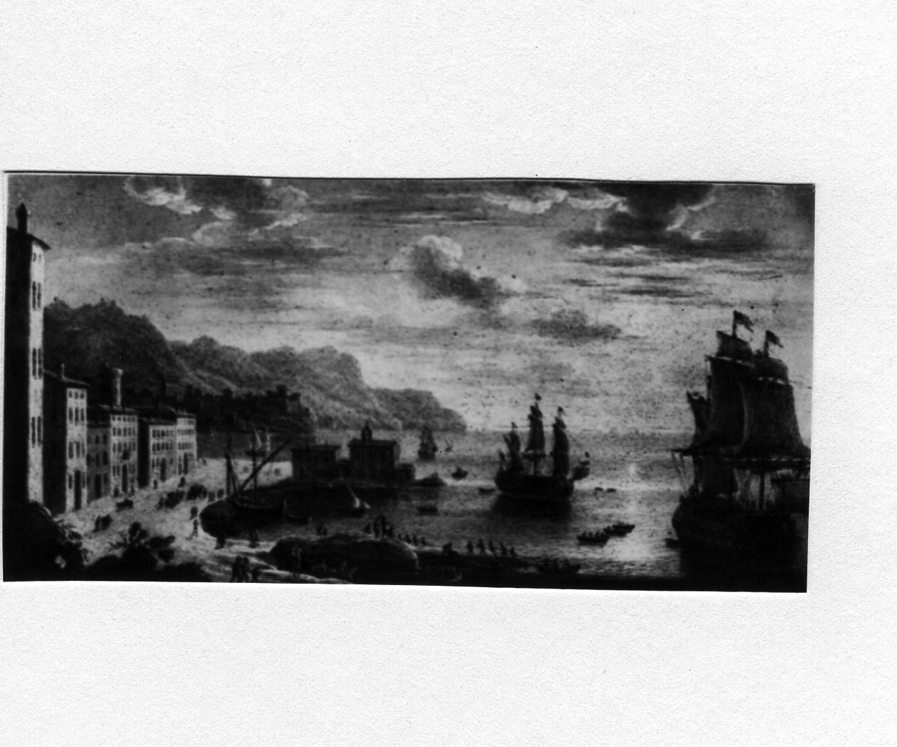 veduta di mare con porto e fregata di guerra (dipinto) di Grevenbroech Jan (prima metà sec. XVIII)