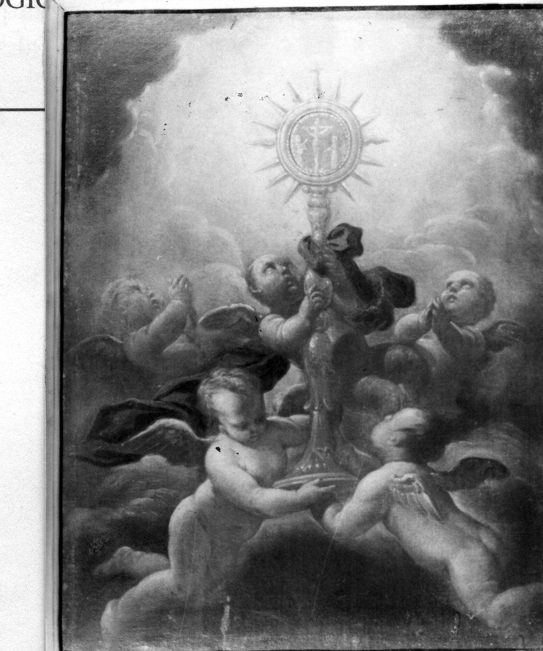 angeli adoranti il calice eucaristico (dipinto) - ambito napoletano (sec. XVIII)