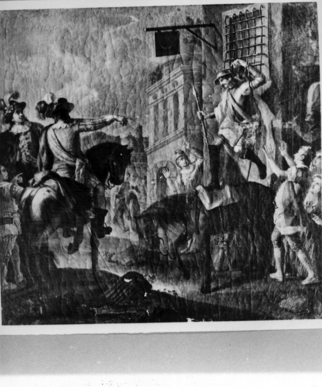 Don Chisciotte appeso ad un'inferriata, episodio della storia di Don Chisciotte (dipinto) di Torre Benedetto (sec. XVIII)
