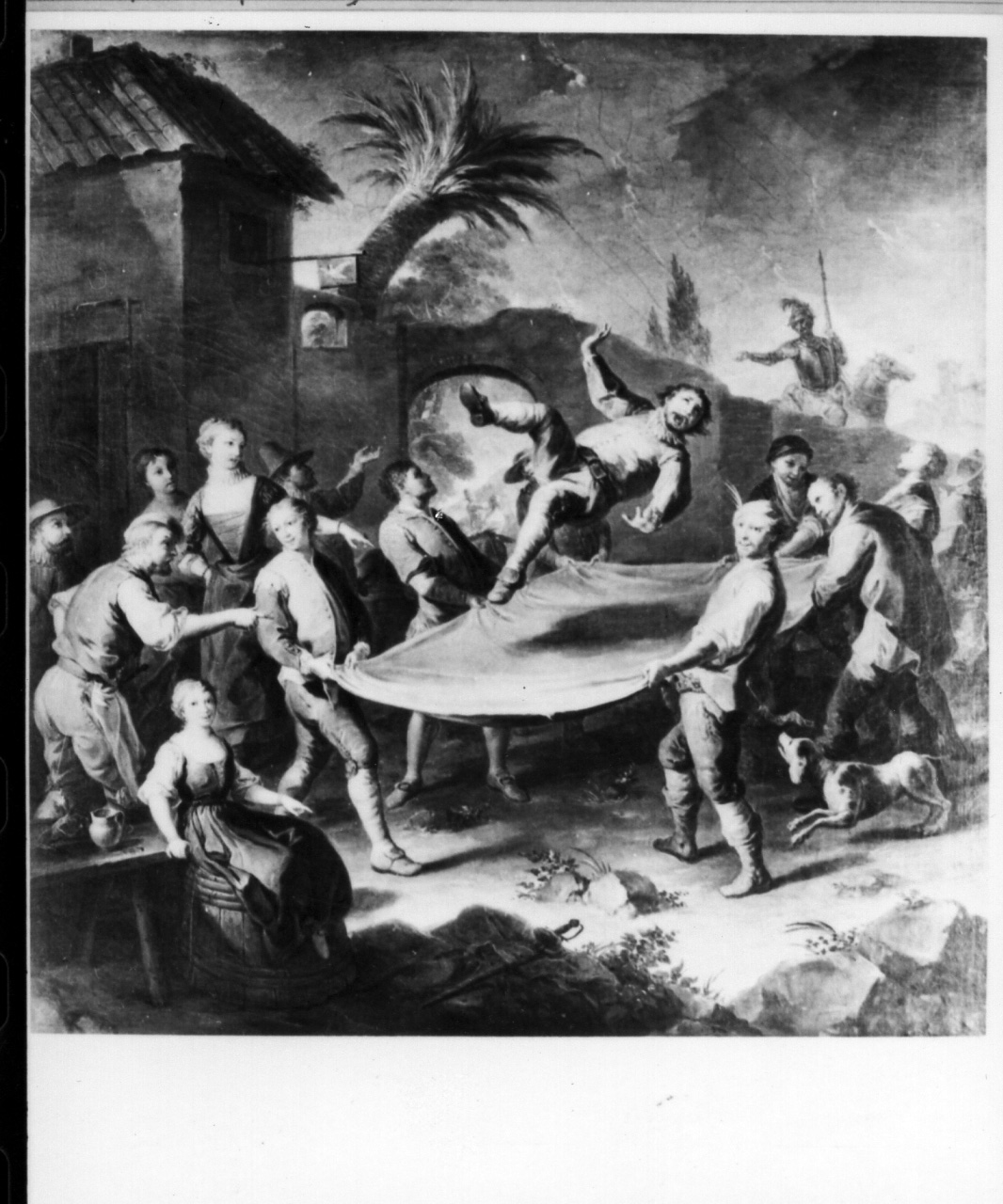 Sancio viene proiettato in alto su un lenzuolo, episodio della storia di Don Chisciotte (dipinto) di Rossi Giovan Battista (sec. XVIII)