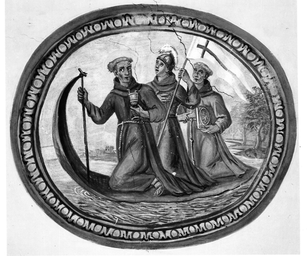 San Bernardino attraversa il lago di Mantova con San Giacomo e San Giovanni da Capestrano (dipinto) di Cangiana Antonio (sec. XVIII)