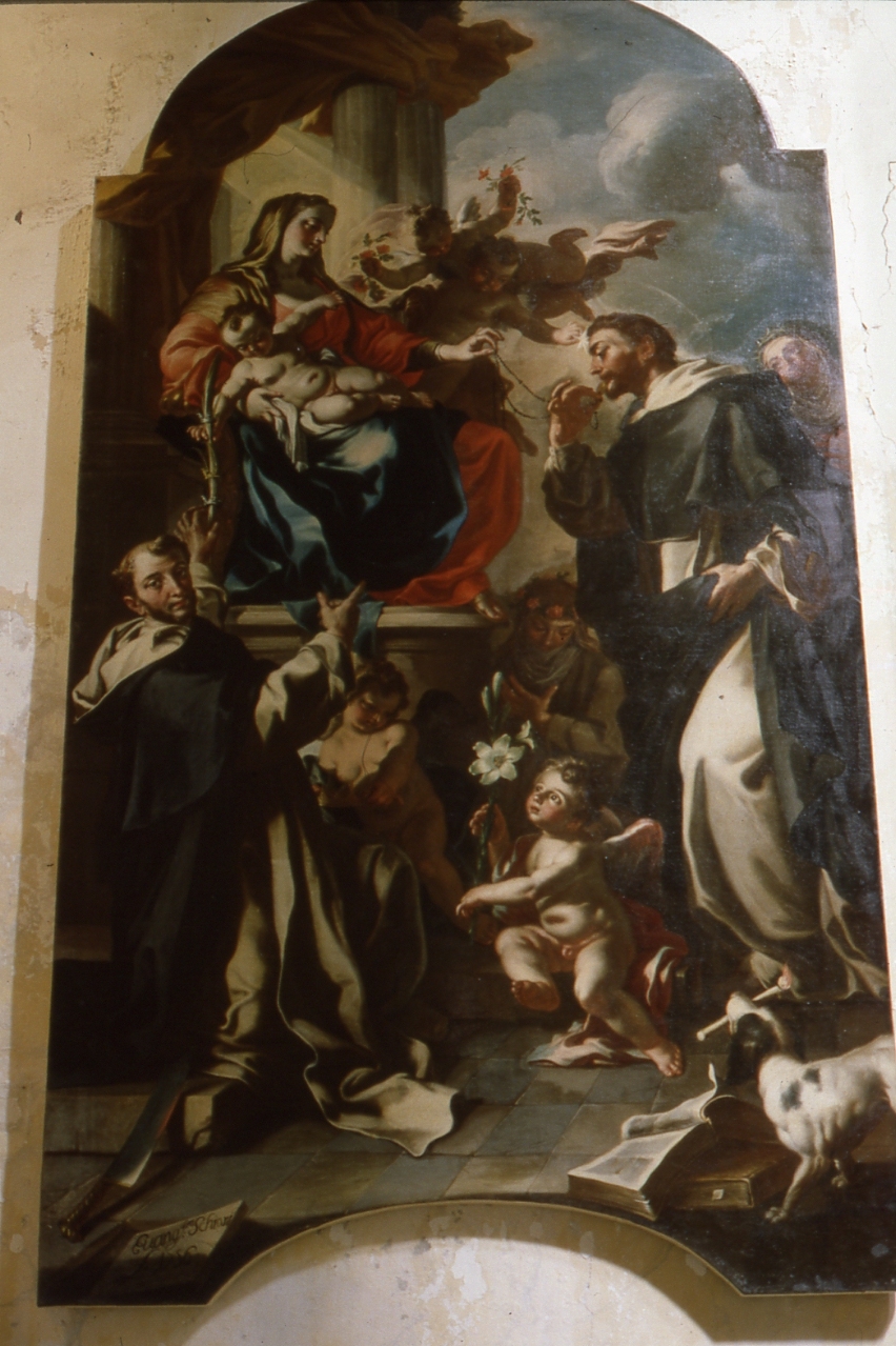 Madonna del Rosario con Santi domenicani e misteri del rosario (dipinto) di Schiano Evangelista (sec. XVIII)