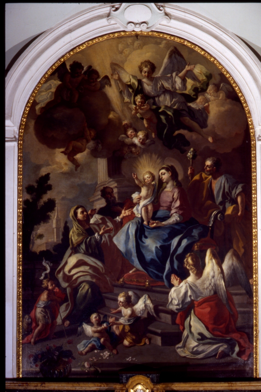 Sacra Famiglia con San Giovanni Battista bambino, Sant'Elisabetta e San Zaccaria (dipinto) di De Maio Paolo (sec. XVIII)