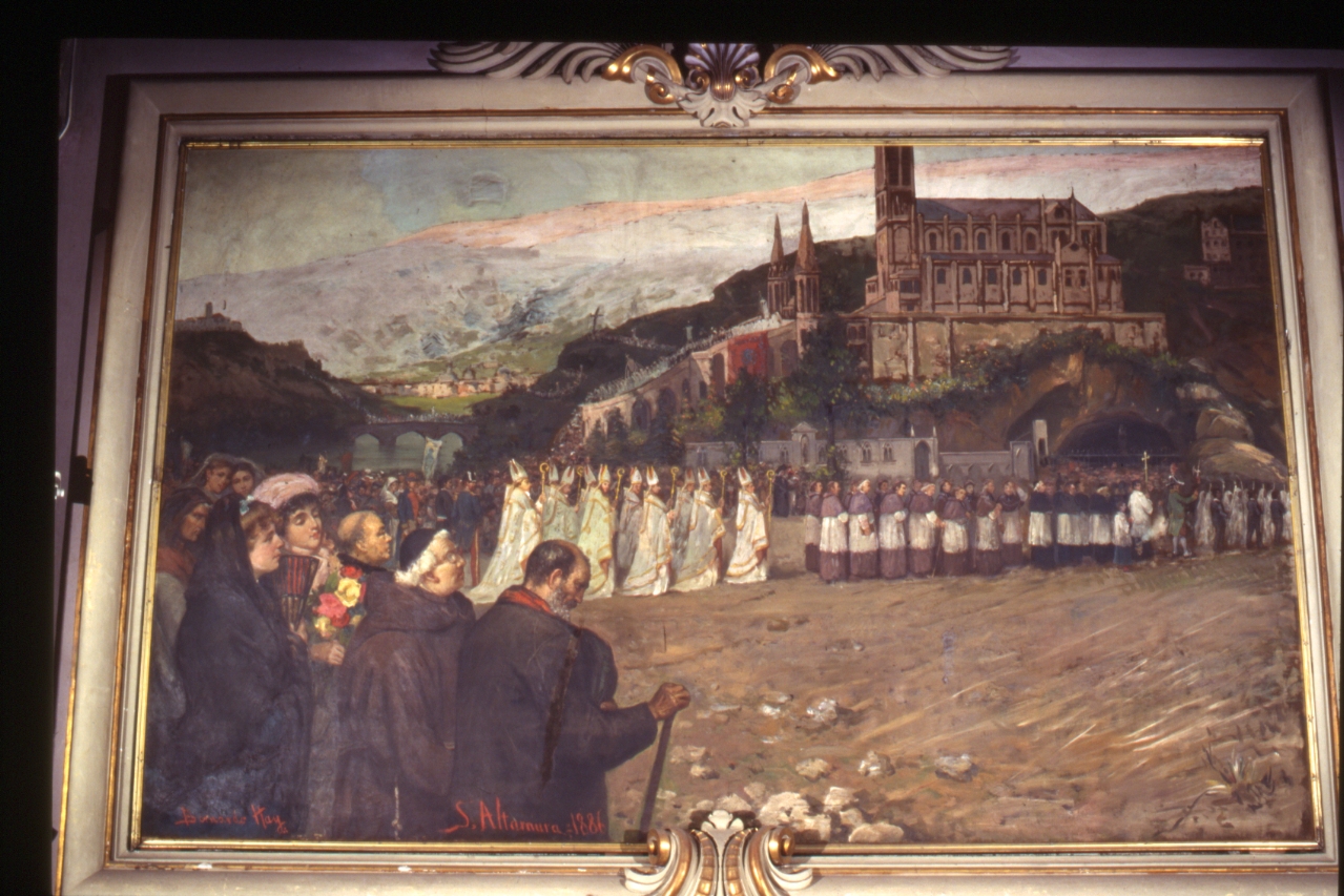 processione per l'inaugurazione del santuario di Lourdes (dipinto) di Hay Bernardo, Altamura Francesco Saverio Raffaele (sec. XIX)