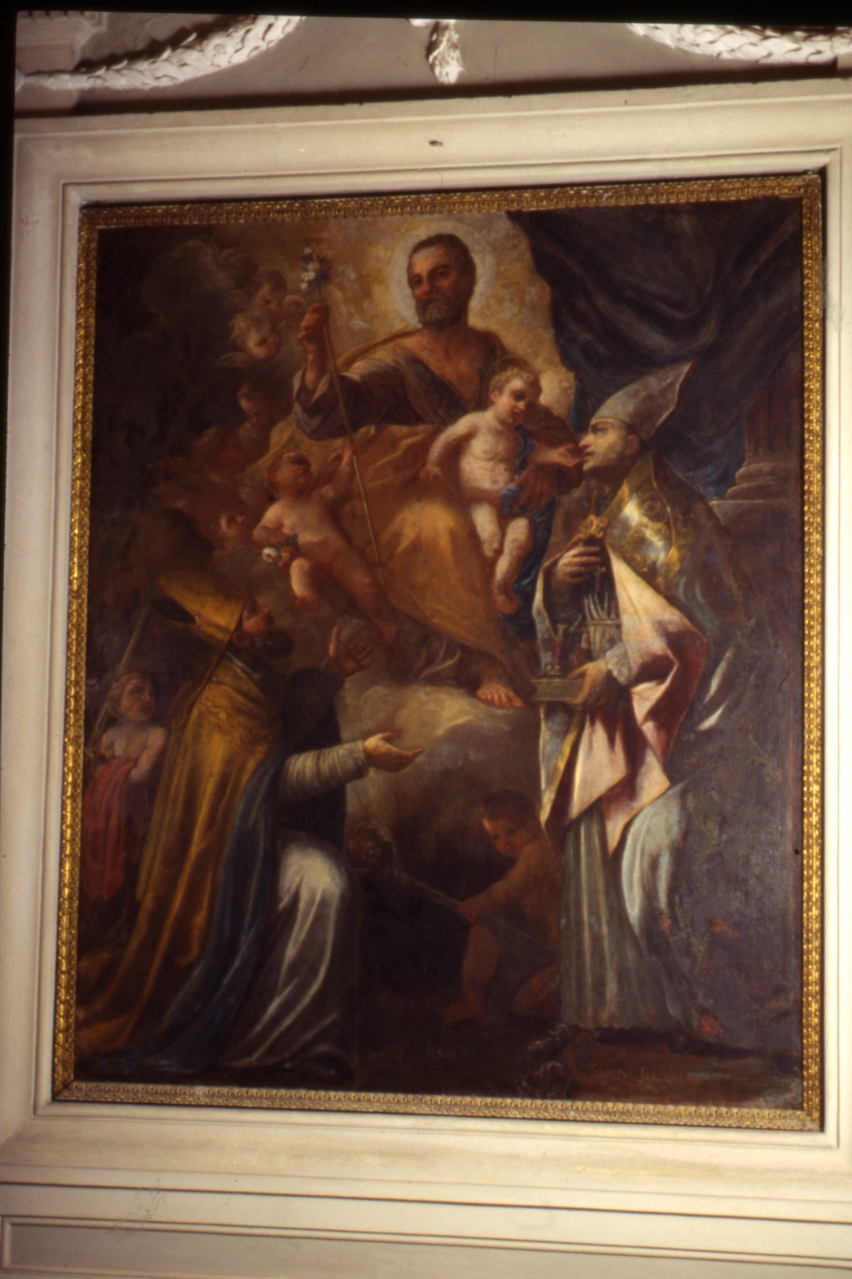 San Giuseppe con Gesù Bambino tra San Gennaro e Sant'Elmo (dipinto) di Castellano Giuseppe (prima metà sec. XVIII)